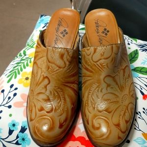 Patricia Nash Tan Floral Embossed Mules